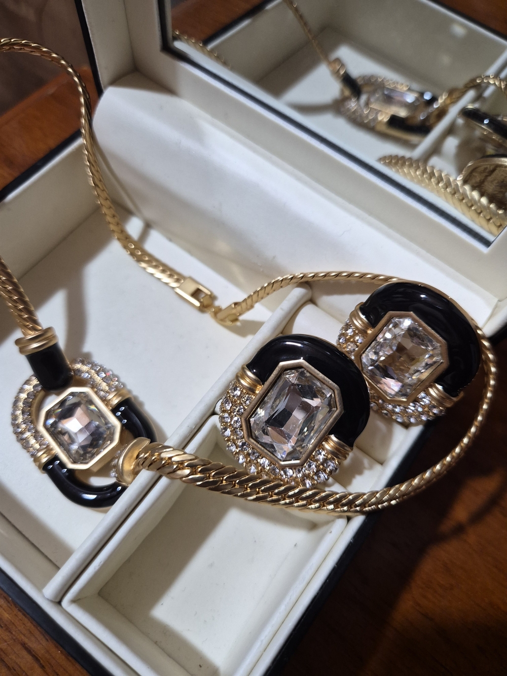 Gold-Tone Black and Crystal Statement Necklace